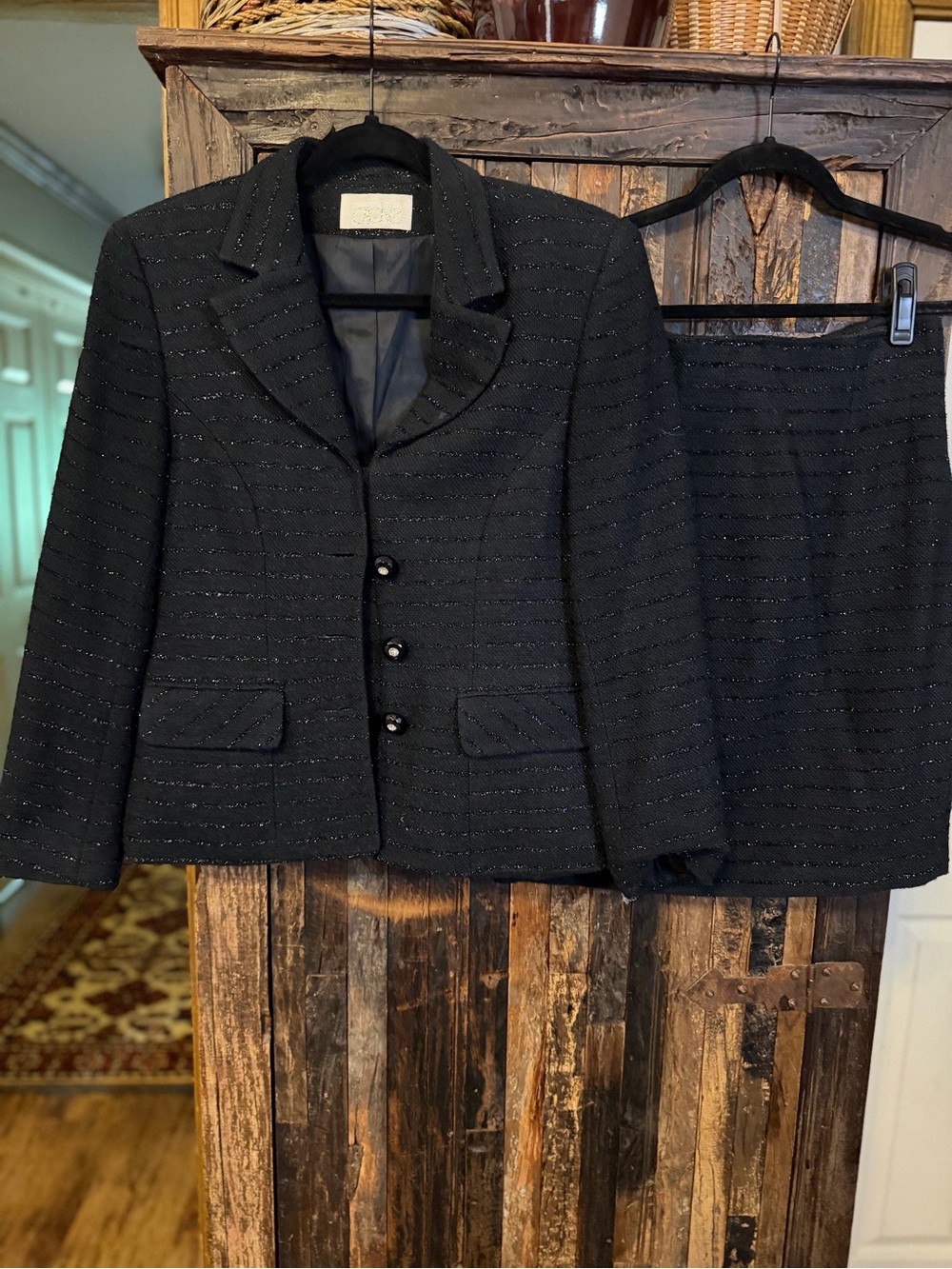 Vintage 90s Caché Black Metallic Skirt Suit Size 6 Made USA Lurex 2 Piece